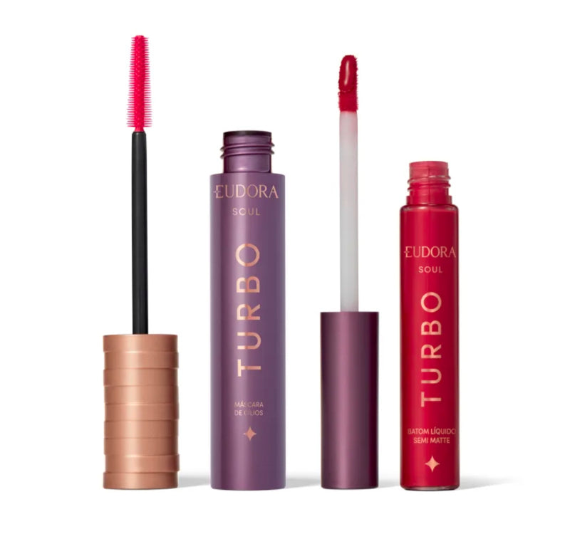 Combo SOUL Turbo: Máscara Cílios Turbo 10g + Batom Líquido Vermelho Turbinado Semi Mate 5ml